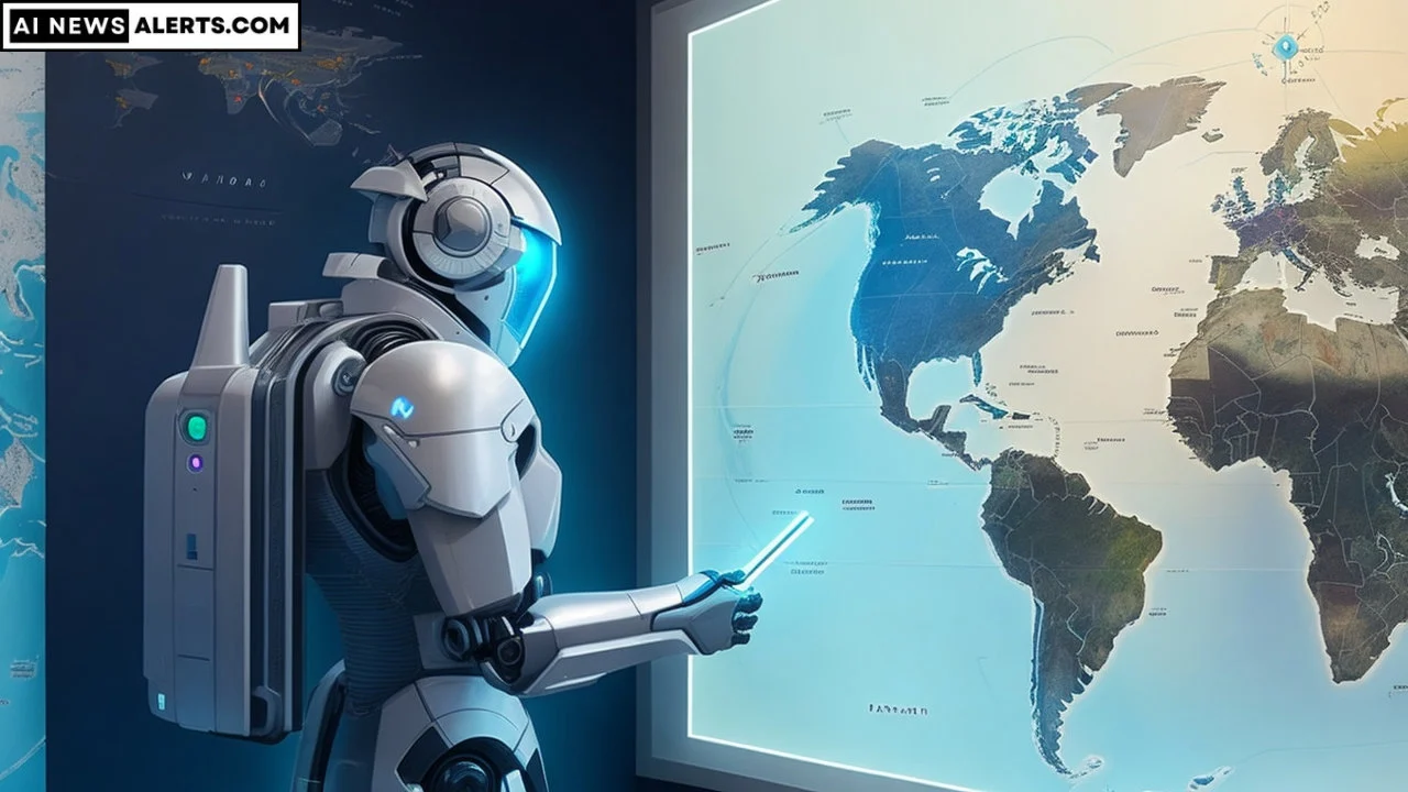 A Futuristic Robot viewing the World Map